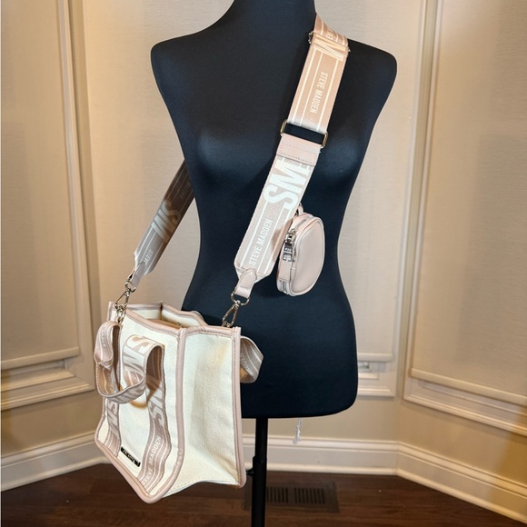 Steve Madden Canvas Tote Crossbody Beige Logo Strap Bag Coin Pouch Neutral - Picture 9 of 9